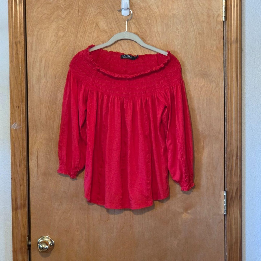 Lauren Ralph Lauren Red Smocked Embroidered Off-the-Shoulder Peasant Top Small